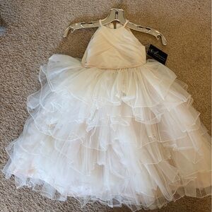 Joan Calabrese Ivory Layered Tulle Halter Flower Girl Dress with Satin Trim